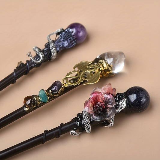 1pc Exquisite Elegant Crystal Witch Wand, Handmade Wooden Wand, Costume Props For Halloween/Christmas/Cosplay Party, Stage Performance Accessories