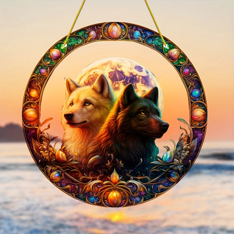 Mystic Wolf Suncatcher with Yin Yang Design, Acrylic Sun Catcher, Birthday Gift for Dad, Home, Lover & Friends, Wolf Themed Moon Decor, Perfect for Room, Bedroom, Living Room, Outdoor Garden - 8 Inches