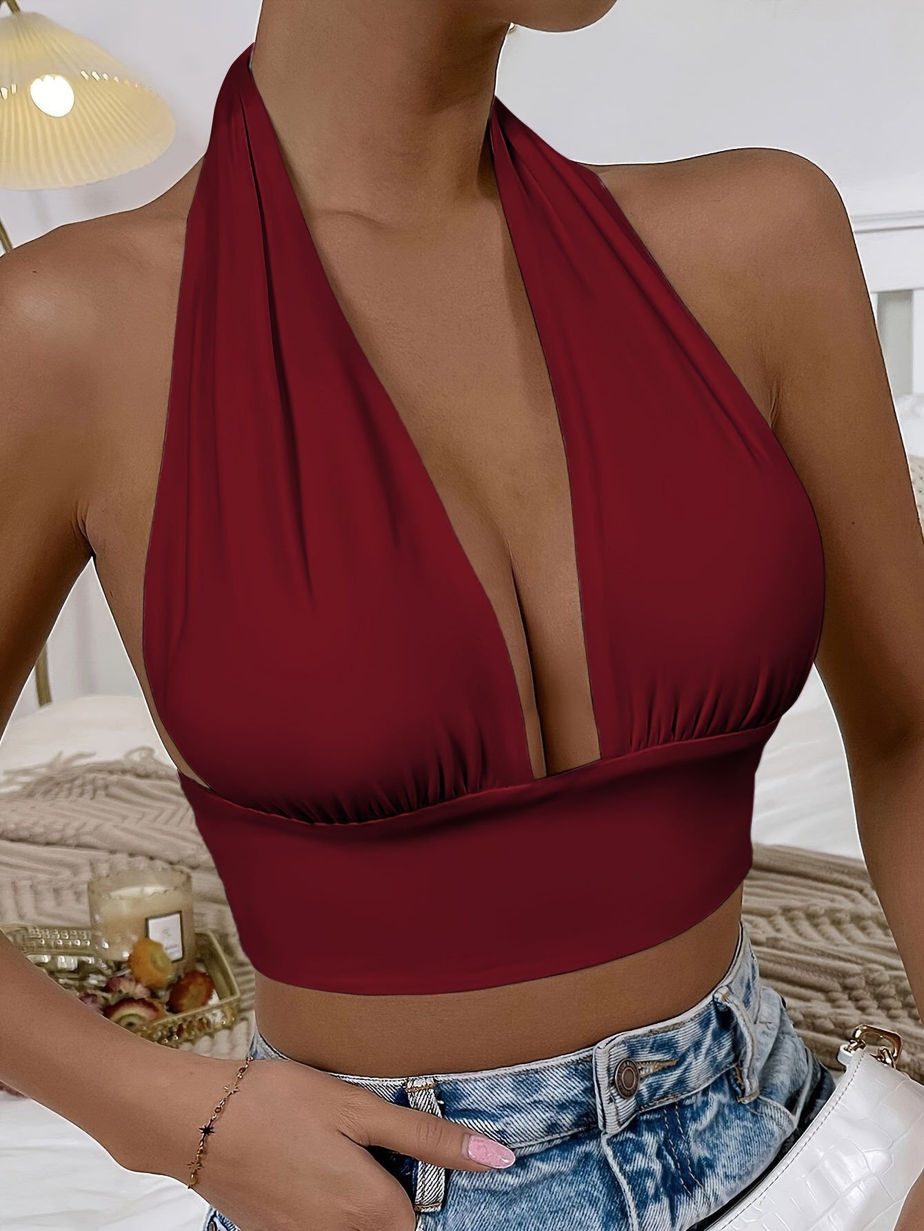 1pc Elegant Orange Halter Neck Backless Crop Top - High Stretch, Deep V-Neckline, Sleeveless Tank for Women, Perfect for Casual or Stylish Outfits, Casual Chic Top | Backless Dress | Stretchy Fabric