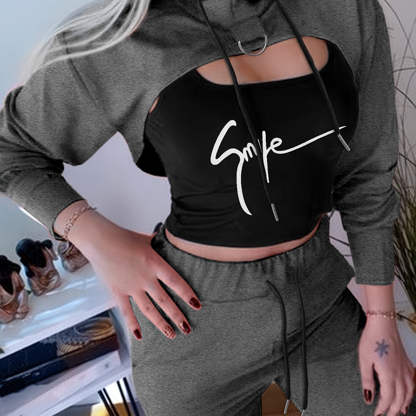 Three-Piece Bodycon Pantsuit Set - Women's Casual Drawstring Hooded Crop Top, Smile Letter Print Tank Top, and Long Length Pants Outfit with Relaxed Fit and Soft Fabric