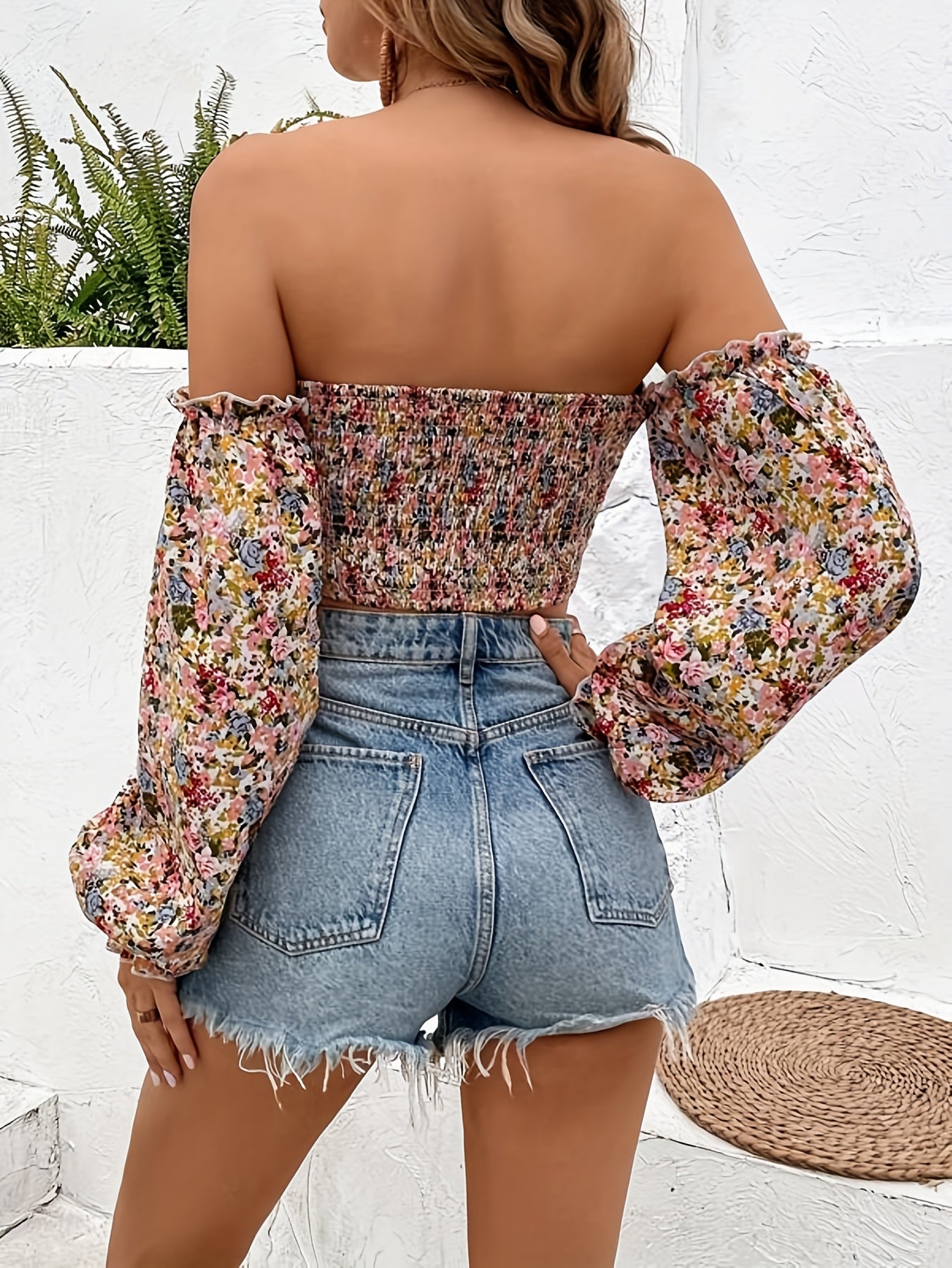 [Popular Choice] Chic Floral Off-Shoulder Lantern Sleeve Crop Top - Sexy Sweetheart Neckline, Polyester & Spandex Blend, Machine Washable - Perfect for Spring/Fall Fashion, Lantern Sleeve, Crop Top, Sexy Style, Spring/Autumn