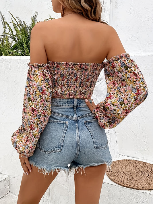 [Popular Choice] Chic Floral Off-Shoulder Lantern Sleeve Crop Top - Sexy Sweetheart Neckline, Polyester & Spandex Blend, Machine Washable - Perfect for Spring/Fall Fashion, Lantern Sleeve, Crop Top, Sexy Style, Spring/Autumn
