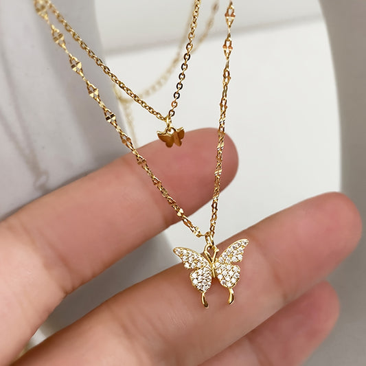 Y2K Rhinestone Butterfly Double Layers Necklace Shiny Silvery Party Dating Gift Daily Jewelry Accessories