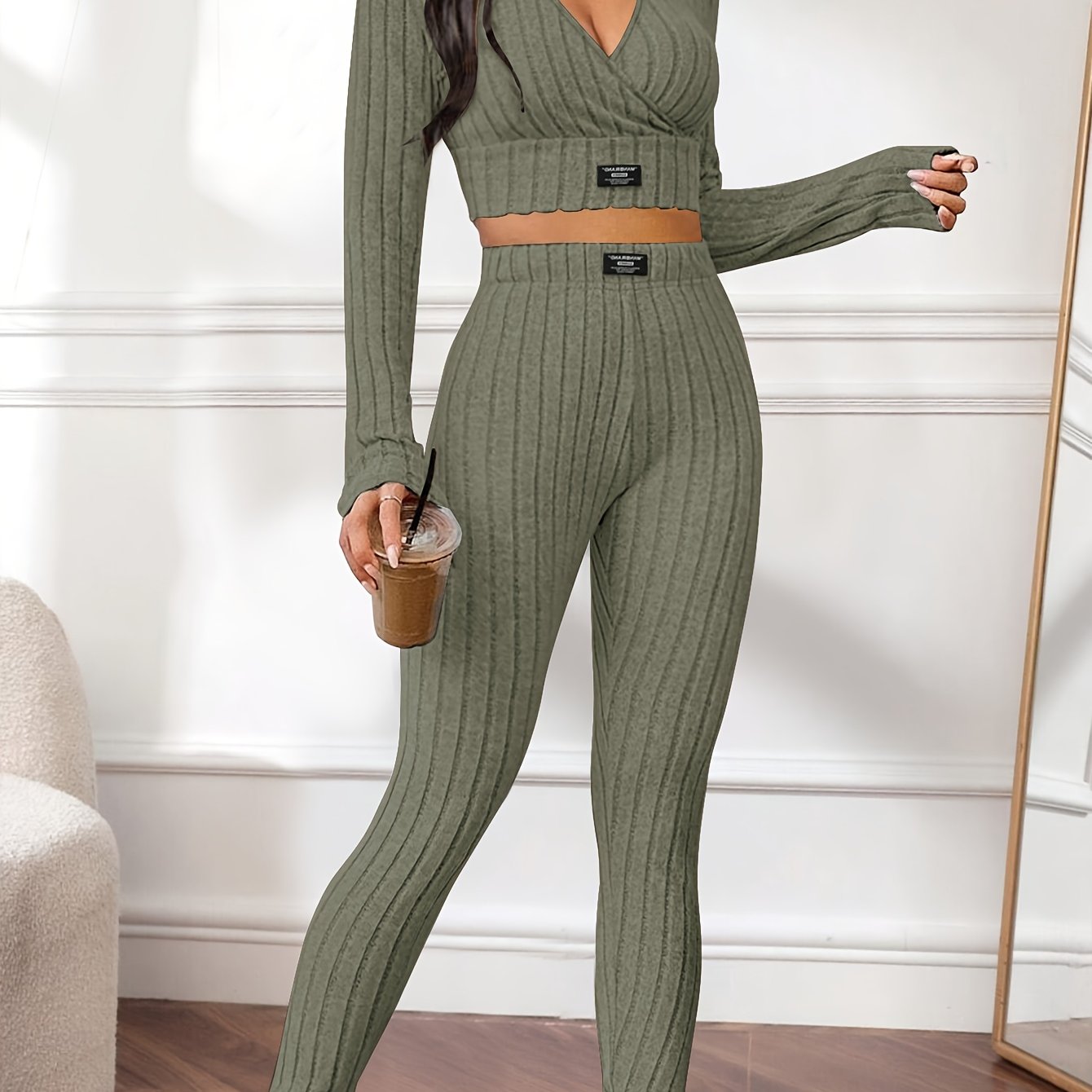 Flattering Ribbed Two-piece Outfit Set - V-Neck Long Sleeve Crop Top & Pants - Casual Chic Style for Women
