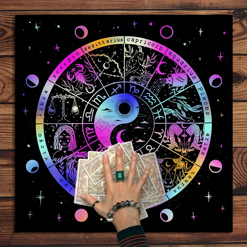 Sun Moon Starry Sky Polyester Tarot Card Tablecloth - 12 Zodiac Constellations Altar Cloth for Tarot Reading, Astrology Themed Party Games & Activities, Durable Material, Electricity-Free, Age 14+ - 1pc