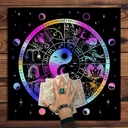 Sun Moon Starry Sky Polyester Tarot Card Tablecloth - 12 Zodiac Constellations Altar Cloth for Tarot Reading, Astrology Themed Party Games & Activities, Durable Material, Electricity-Free, Age 14+ - 1pc