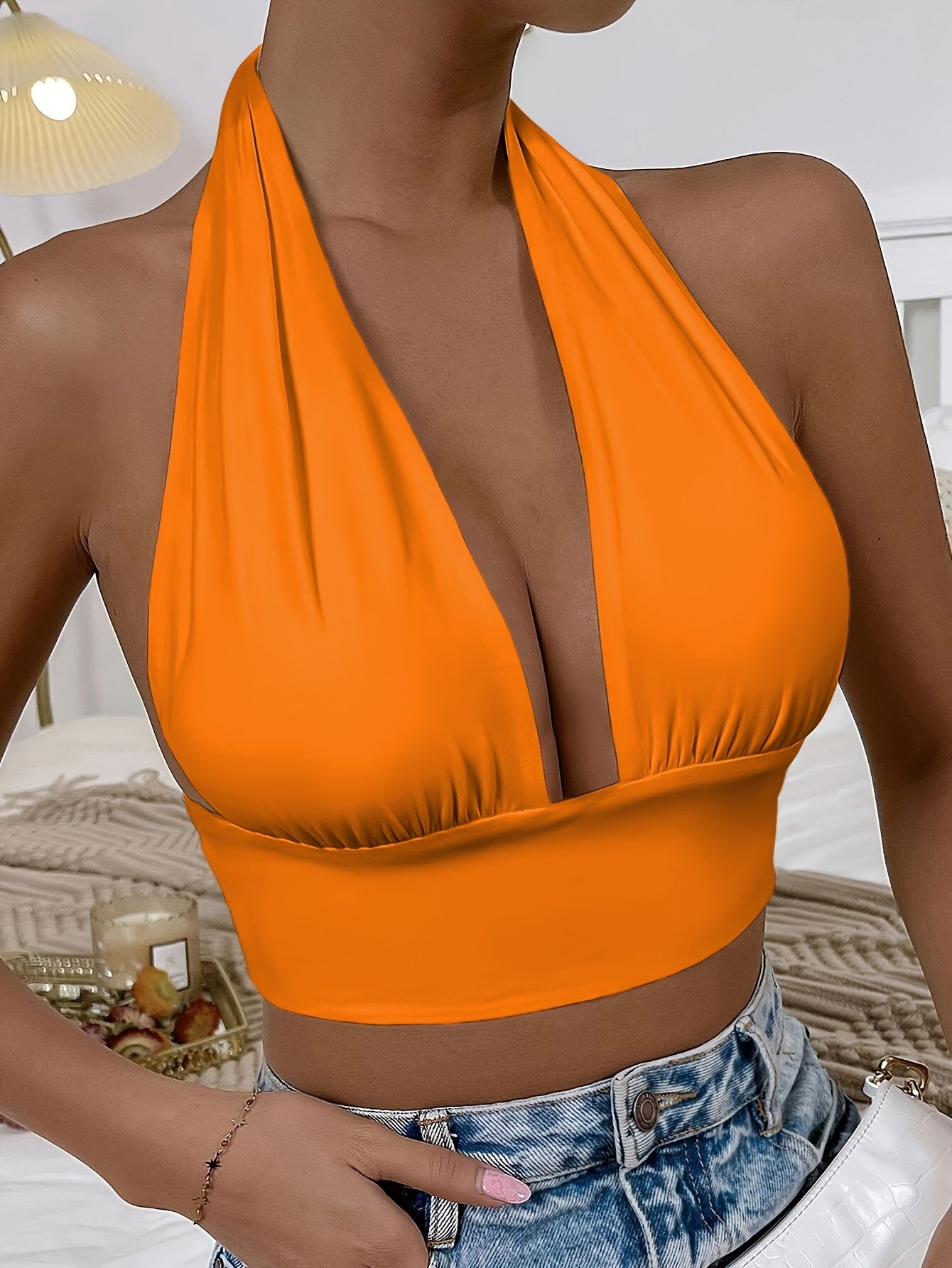 1pc Elegant Orange Halter Neck Backless Crop Top - High Stretch, Deep V-Neckline, Sleeveless Tank for Women, Perfect for Casual or Stylish Outfits, Casual Chic Top | Backless Dress | Stretchy Fabric