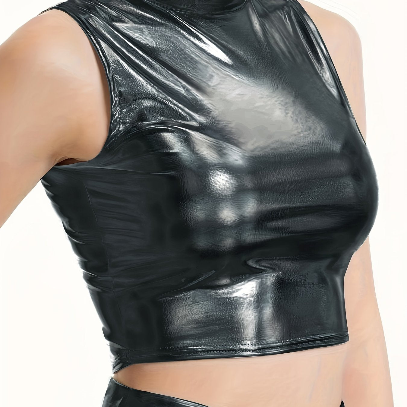 Metallic Mock Neck Shinny Tank Top, Y2K Sleeveless Crop Top, Women's Clothing