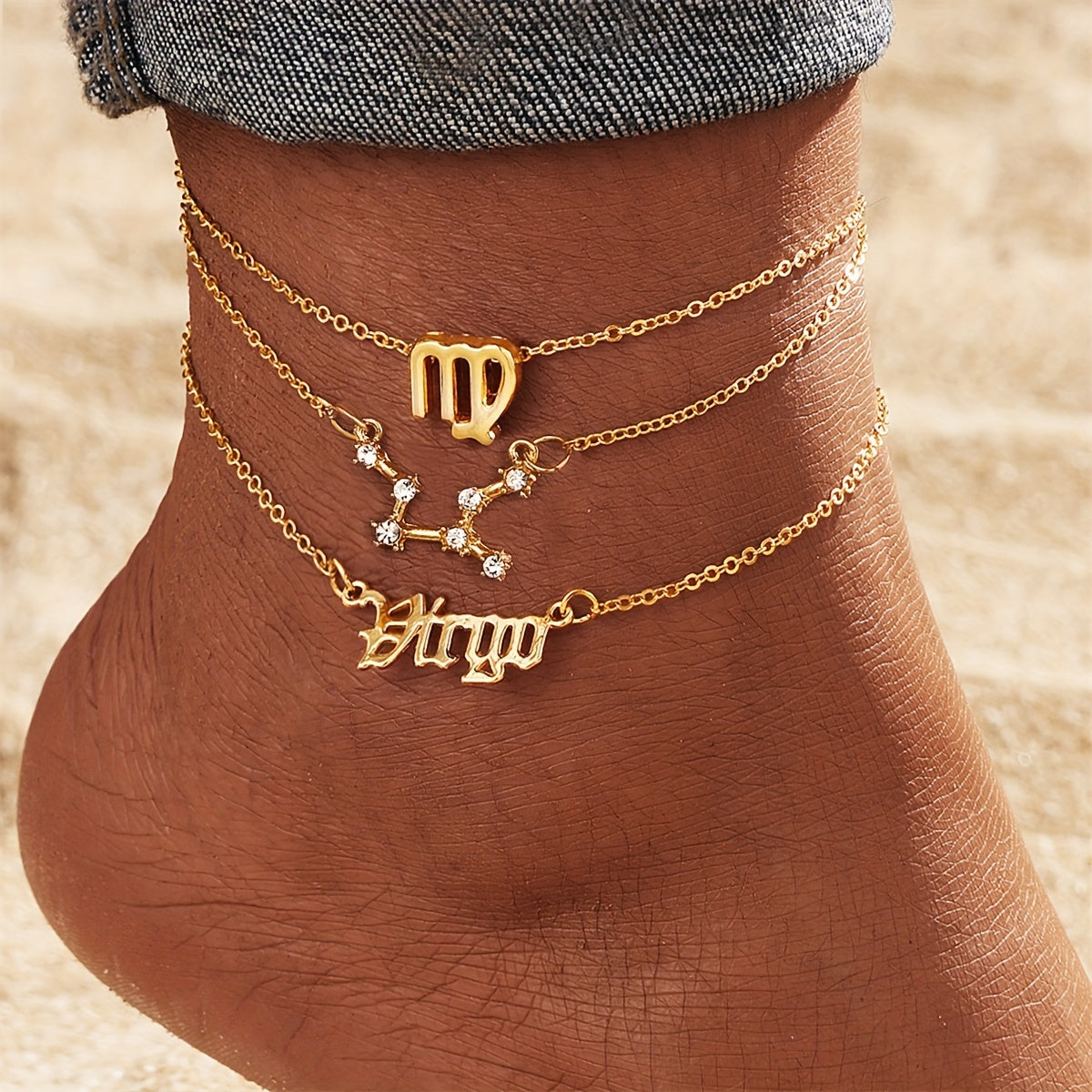 3pcs Set, Women'S Fashion Ankle Bracelets, Zodiac Sign Charm, Alloy with Synthetic Gemstones, Simple Style, All-Season Wear, Jewelry Accessories for Ladies