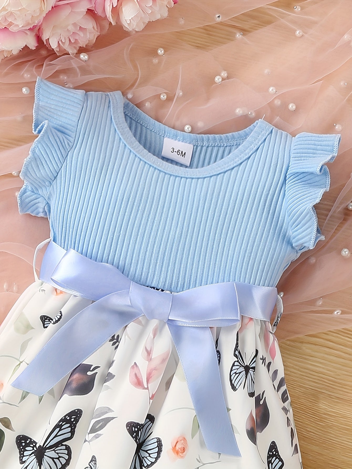 Baby Girls Cute Butterfly Graphic Print Ruffled Sleeve Belted Dress, Kids Summer Comfortable Clothes