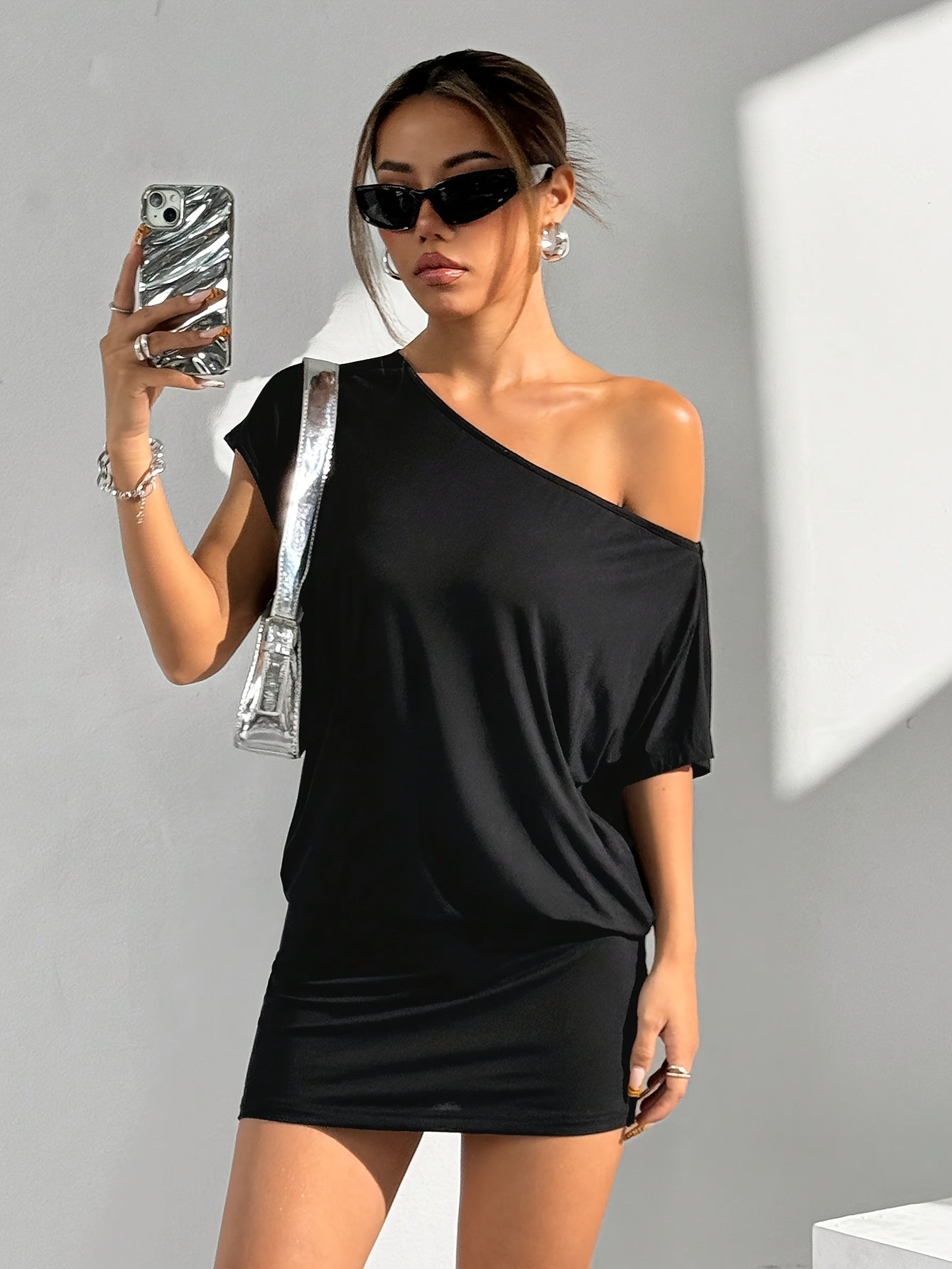 Elegant Black Off-Shoulder - Chic Comfort Women's T-Shirt Dress - Asymmetrical Neck, Short Sleeve, Casual Pencil Skirt Style, Solid Color, Polyester, Machine Washable for Spring/Summer