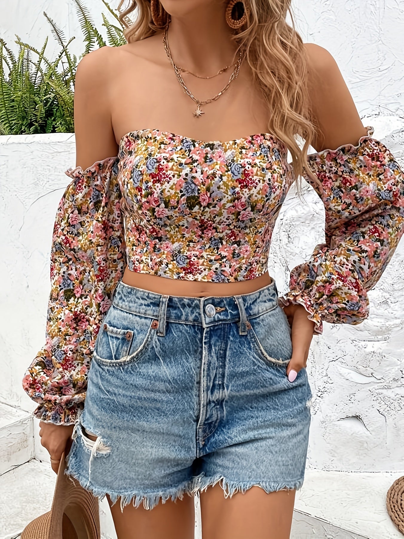 [Popular Choice] Chic Floral Off-Shoulder Lantern Sleeve Crop Top - Sexy Sweetheart Neckline, Polyester & Spandex Blend, Machine Washable - Perfect for Spring/Fall Fashion, Lantern Sleeve, Crop Top, Sexy Style, Spring/Autumn