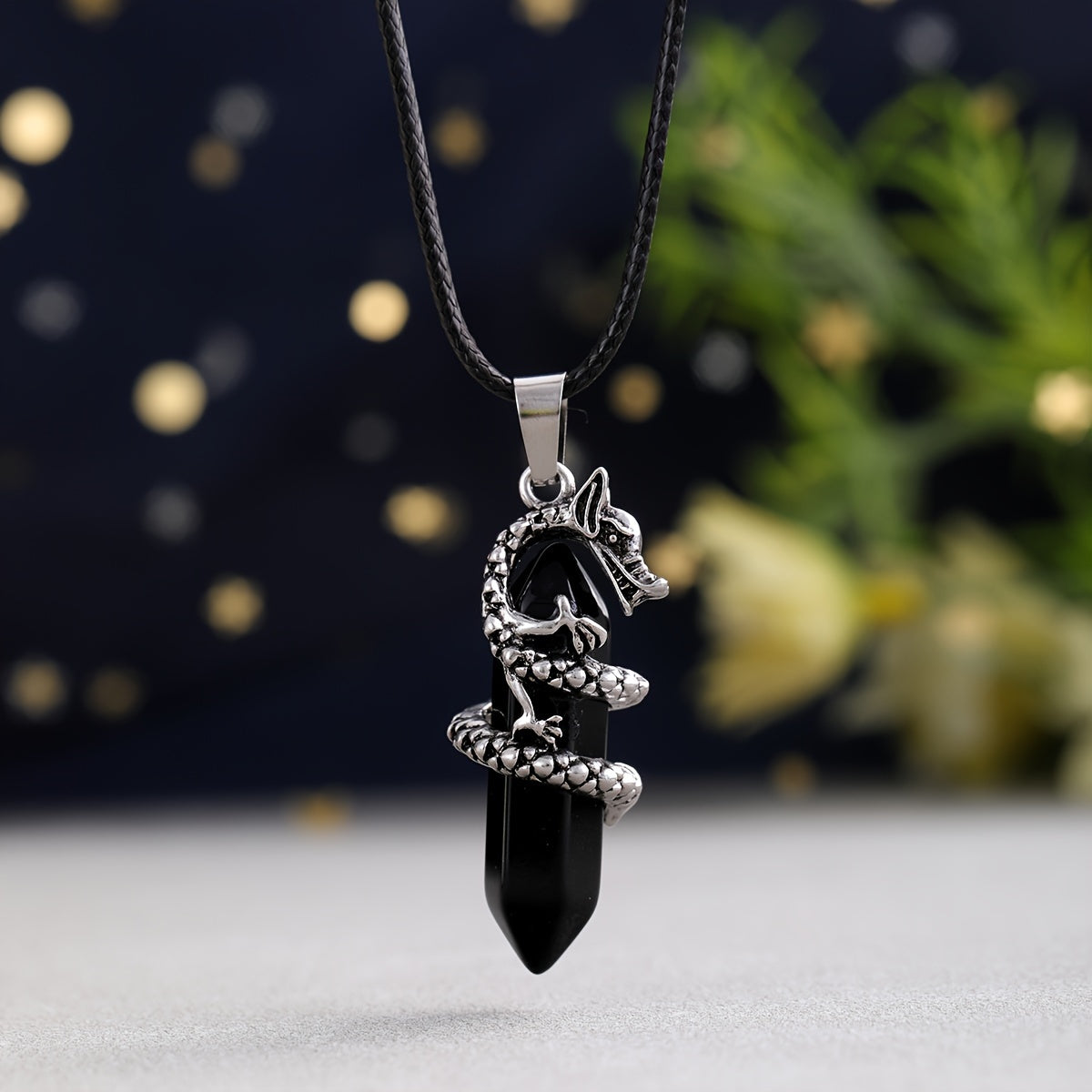 1pc Flying Dragon Pendant Necklace, Synthetic Faux Gemstone, Gun Black Plated, Double Pointed Hexagonal Column, Animal Pattern, Casual Style, February Birthstone, Ideal Gift for Special Occasions, DIY Jewelry for Men and Wome