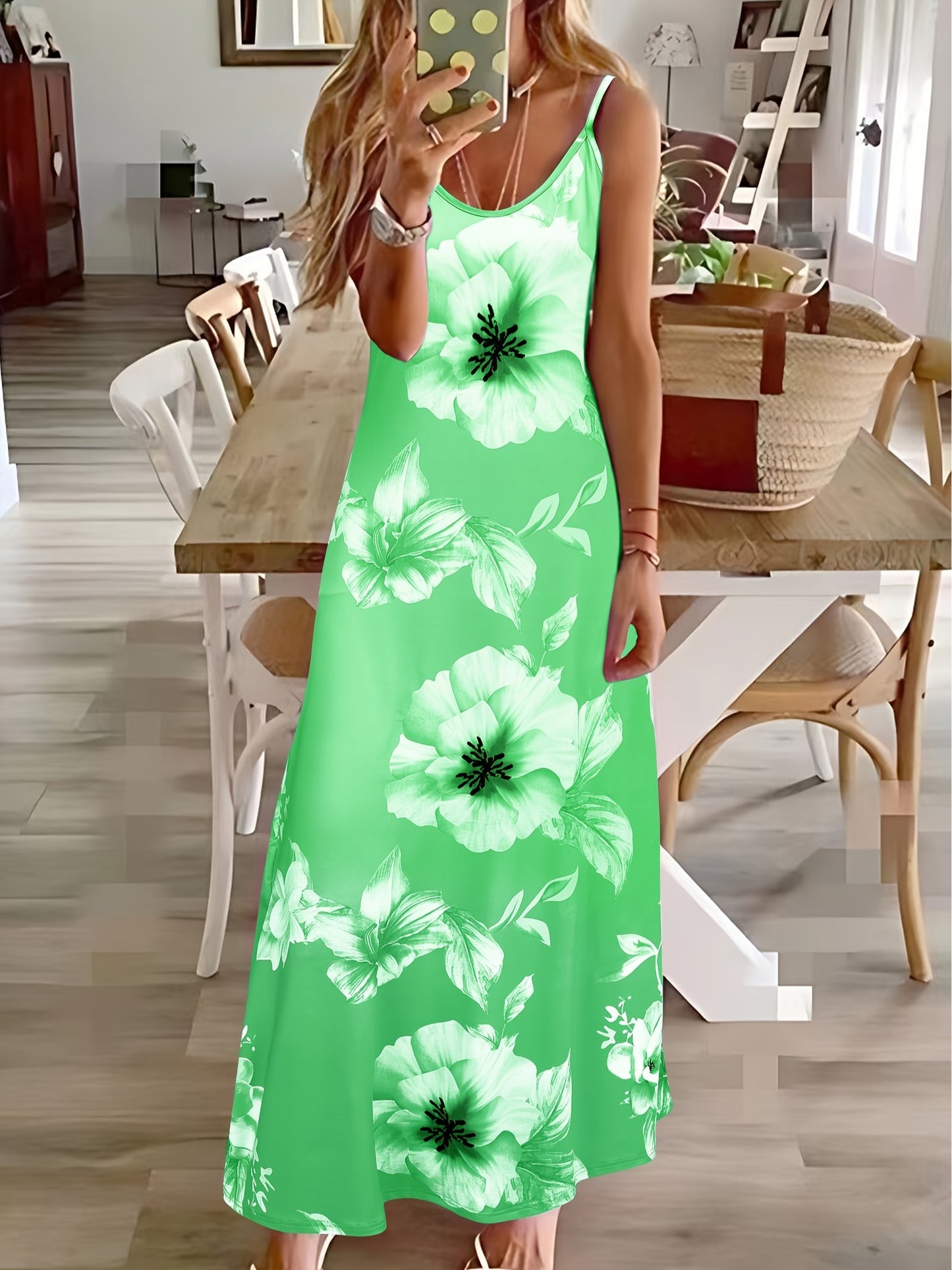 Long Sleeveless Spaghetti Strap Floral Print Slingback Dress - Sexy Beach Style, Regular Fit, Micro Elasticity, Machine Washable, Polyester Fabric - Perfect for Adult Women