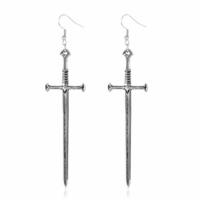 Dark Punk Vintage Silvery Cross Sword Dangle Earrings Long Gothic Medieval Exaggerated Dagger Cool Fashion Women Mystical Jewelry Gifts
