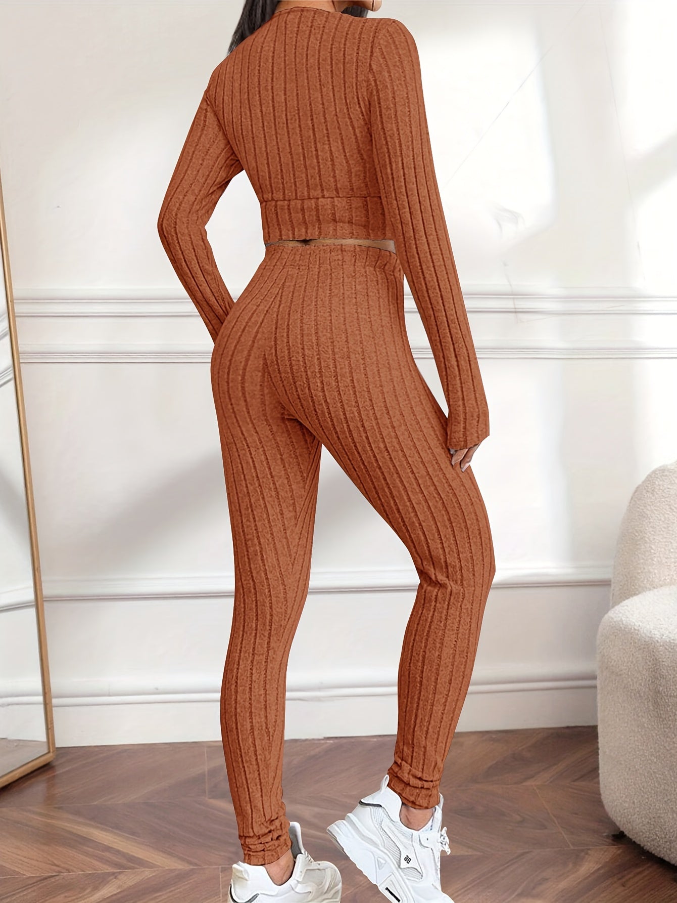 Flattering Ribbed Two-piece Outfit Set - V-Neck Long Sleeve Crop Top & Pants - Casual Chic Style for Women