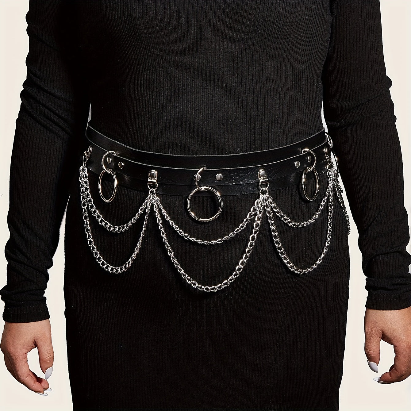 1pc Black PU Leather Chain Ring Decor Gothic Restraints Waist Belt, Punk Adjustable Nightclub Accessories Belt, Sexy Lingerie & Erotic Accessories