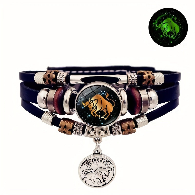 1pc 12 Zodiac Luminous Leather Bracelet Men Women Handmade Multilayer Beaded Bracelet Creative Hand Jewelry Bracelet Party Birthday Favors