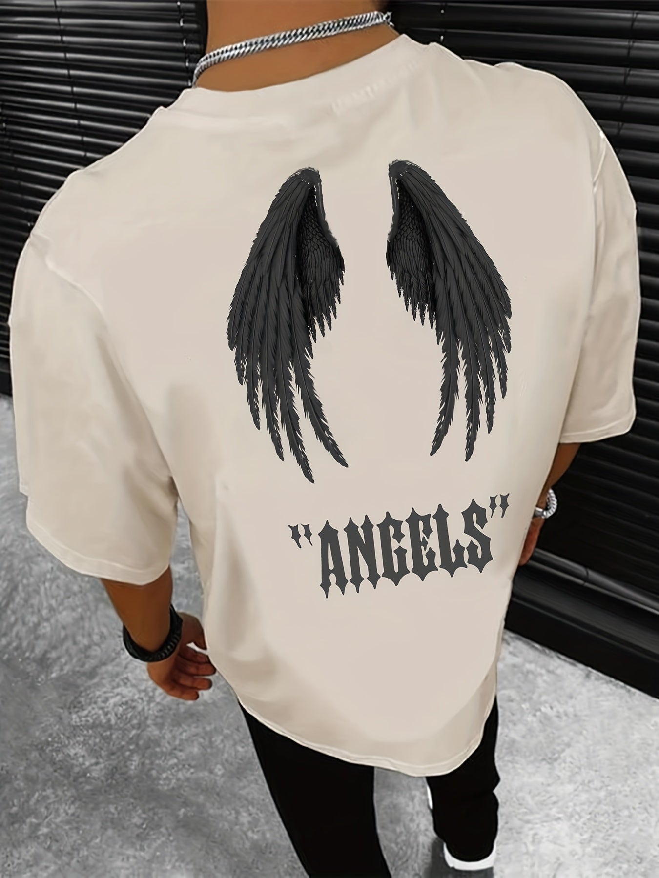 Mens Angel Wings Graphic Tee - Fashionable Casual Wear - Comfortable Solid Color Stretch Tee for Spring Summer - Lightweight Round Neck Design for Daily Style