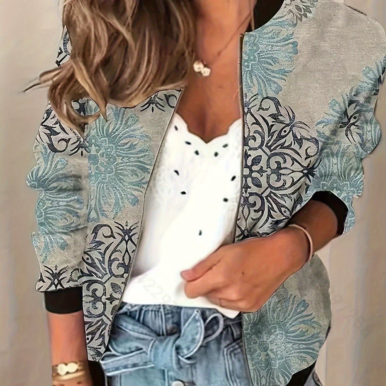Graphic Print Zipper Jacket, Casual Baseball Neck Long Sleeve Outerwear, Women's Clothing