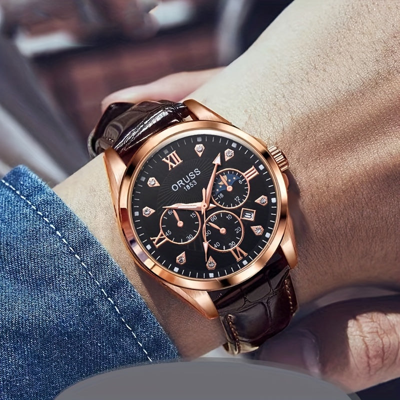 Mens Round Quartz Watch - Funky PU Leather Strap, Non-Waterproof, Electronic Pointer Display, Alloy Case, Ideal Gift for College Gentleman