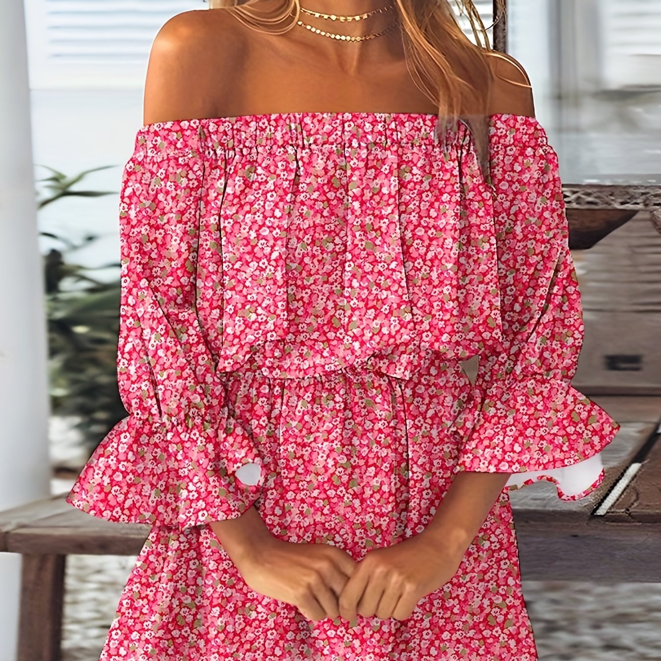 Elegant Summer Boho Dress - Off-Shoulder Leaf Print with Sexy Backless Cut & Playful Ruffles, Durable & Comfort Fit