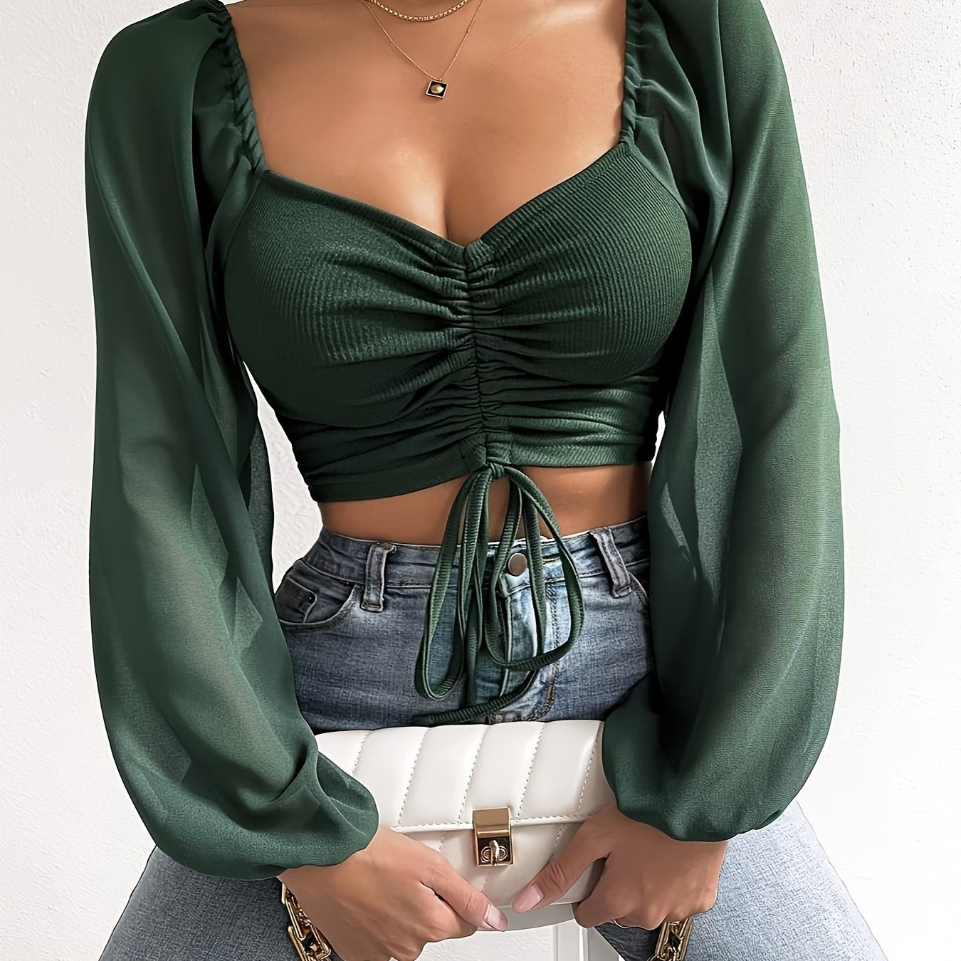 Drawstring Sweetheart Neck Crop Top, Casual Illusion Lantern Sleeve Top For Spring & Fall, Women's Clothing