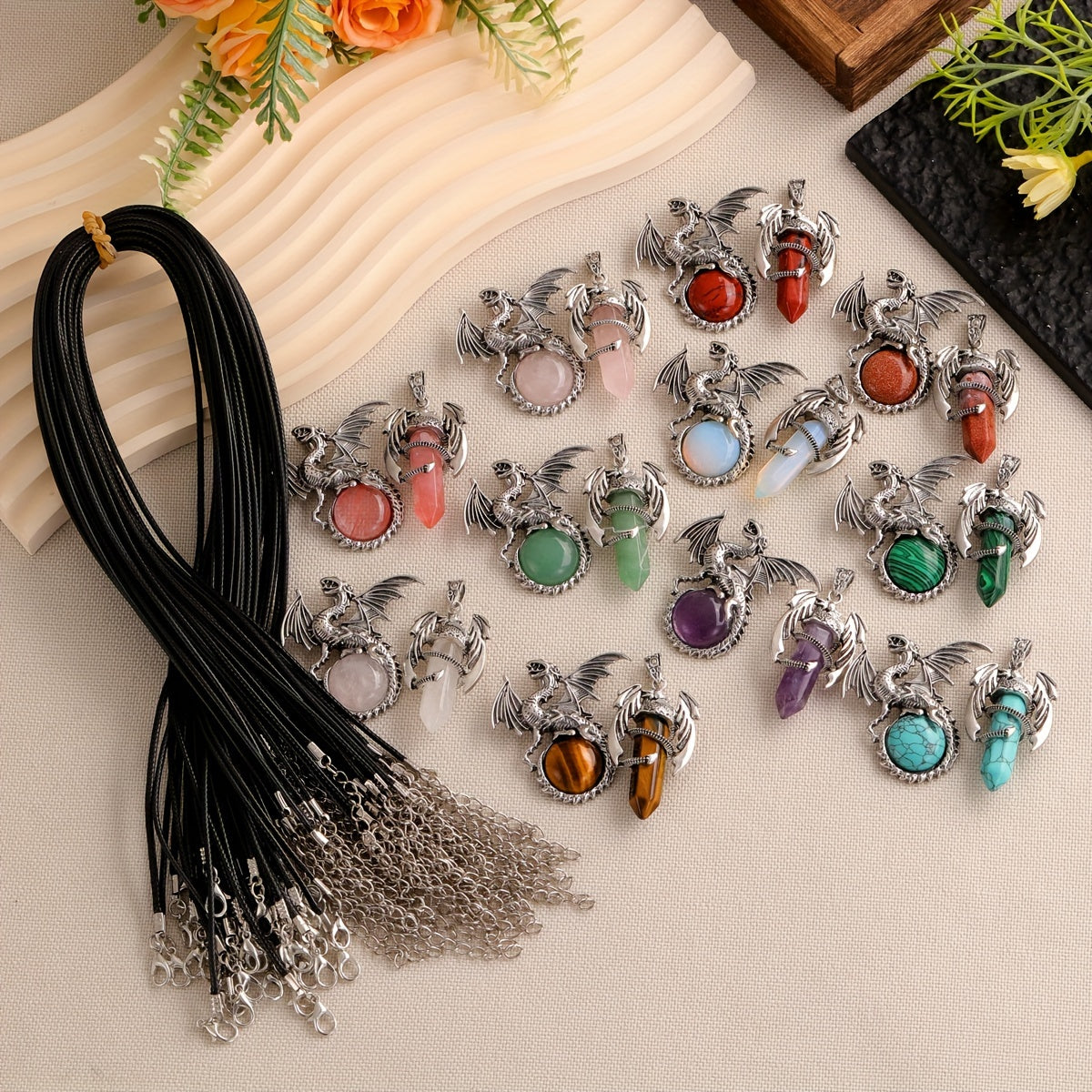 2pcs/set Synthetic Crystal Dragon Necklace Pendants for Men And Women, Retro Cool Artificial Elf Stone Pendants, Christmas, Easter, Flying Dragon Pendant Gift Set
