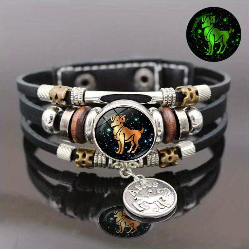 1pc 12 Zodiac Luminous Leather Bracelet Men Women Handmade Multilayer Beaded Bracelet Creative Hand Jewelry Bracelet Party Birthday Favors