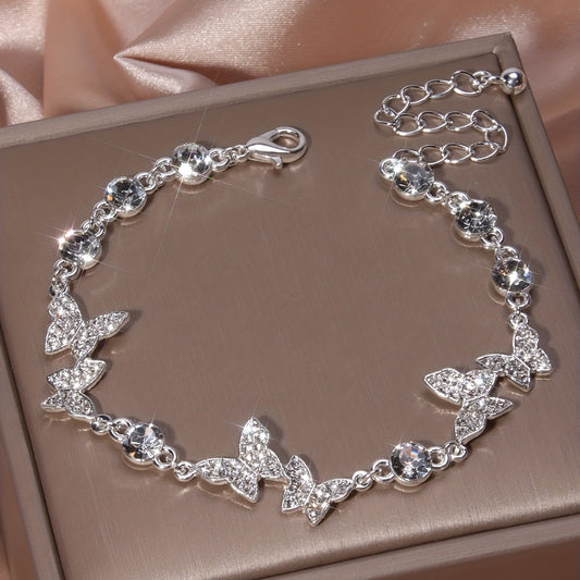 Luxurious Butterfly Shaped Rhinestone Studded Silver Plated Bangle Bracelet - Dazzling Hand Jewelry Gift for Women with Elegant Style - Perfect Accessory for Formal Occasions, Parties, and Daily Wear