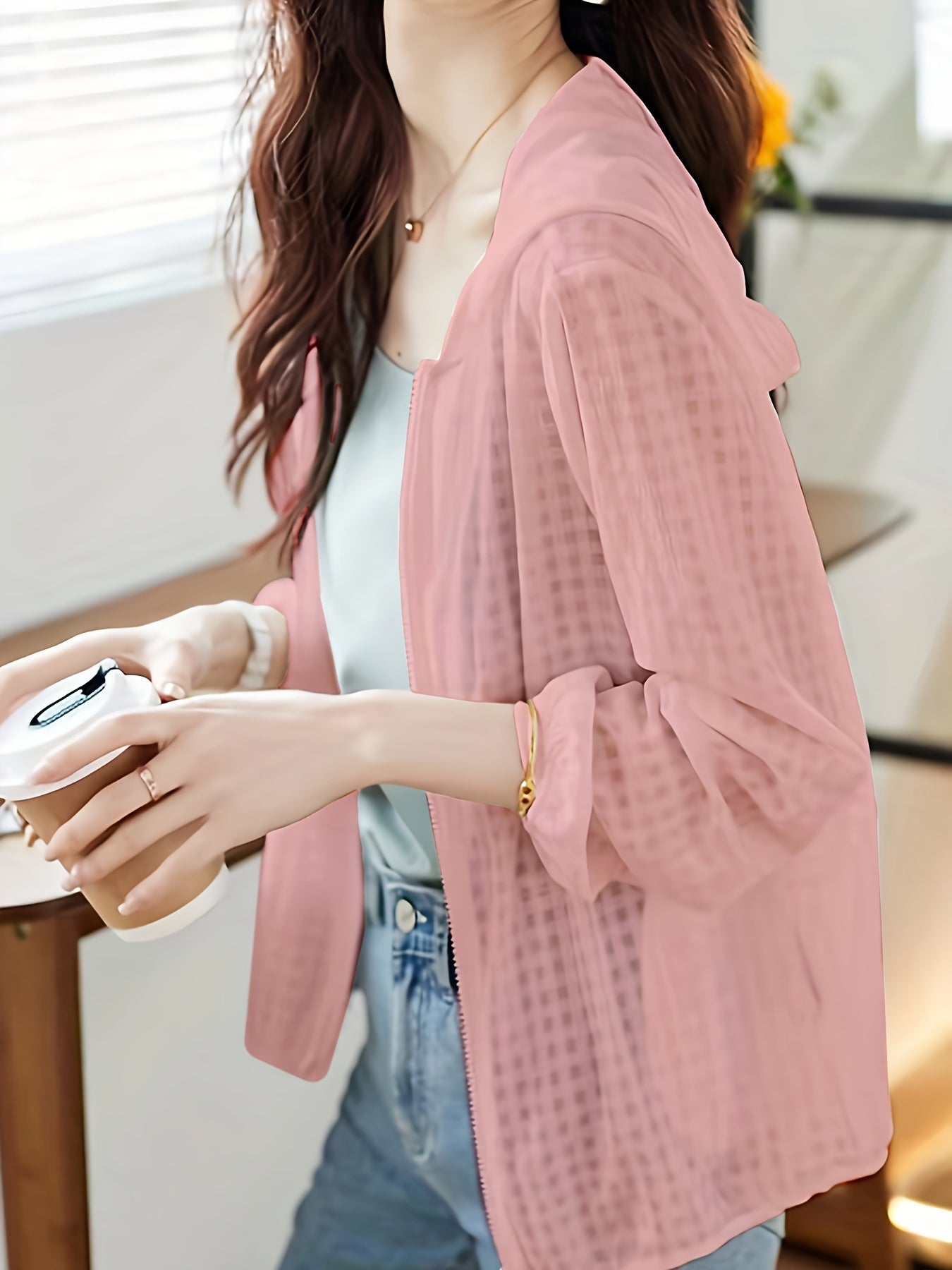 Lightweight Casual Summer Jacket for Women - Easy-Care Polyester, Stylish Solid Color Zip Coat