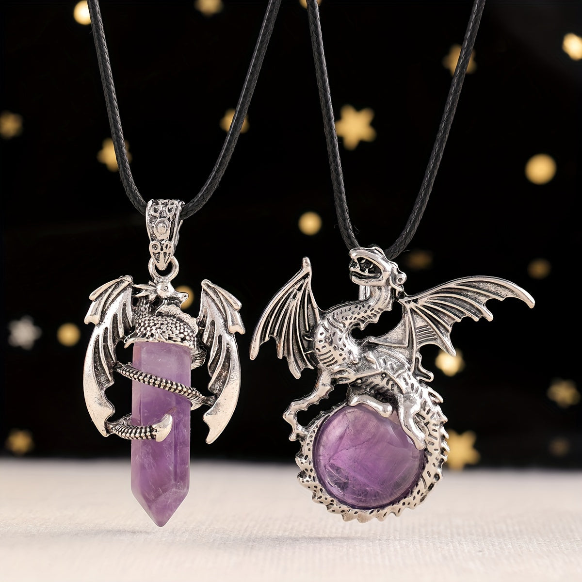 2pcs/set Synthetic Crystal Dragon Necklace Pendants for Men And Women, Retro Cool Artificial Elf Stone Pendants, Christmas, Easter, Flying Dragon Pendant Gift Set