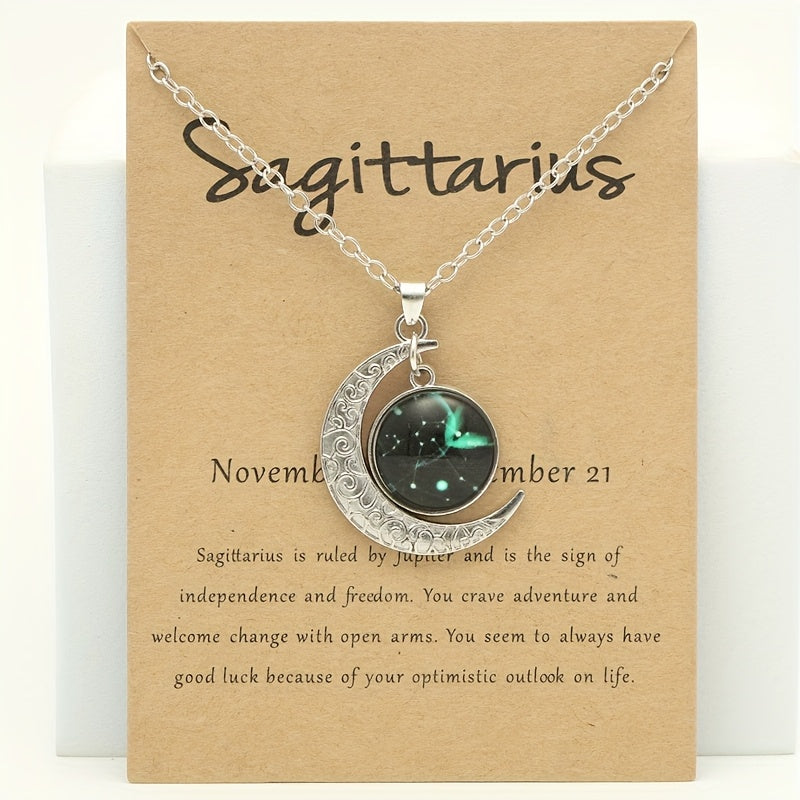 1pc Retro Glow-in-the-Dark Zodiac Moon Pendant Necklace - Vintage Style, Zinc Alloy with Glass Accents, Adjustable Chain for Women - Ideal for Daily Wear & Gifting, Zodiac Jewelry, Gift Jewelry, Vintage Jewelry, Durable Jewel