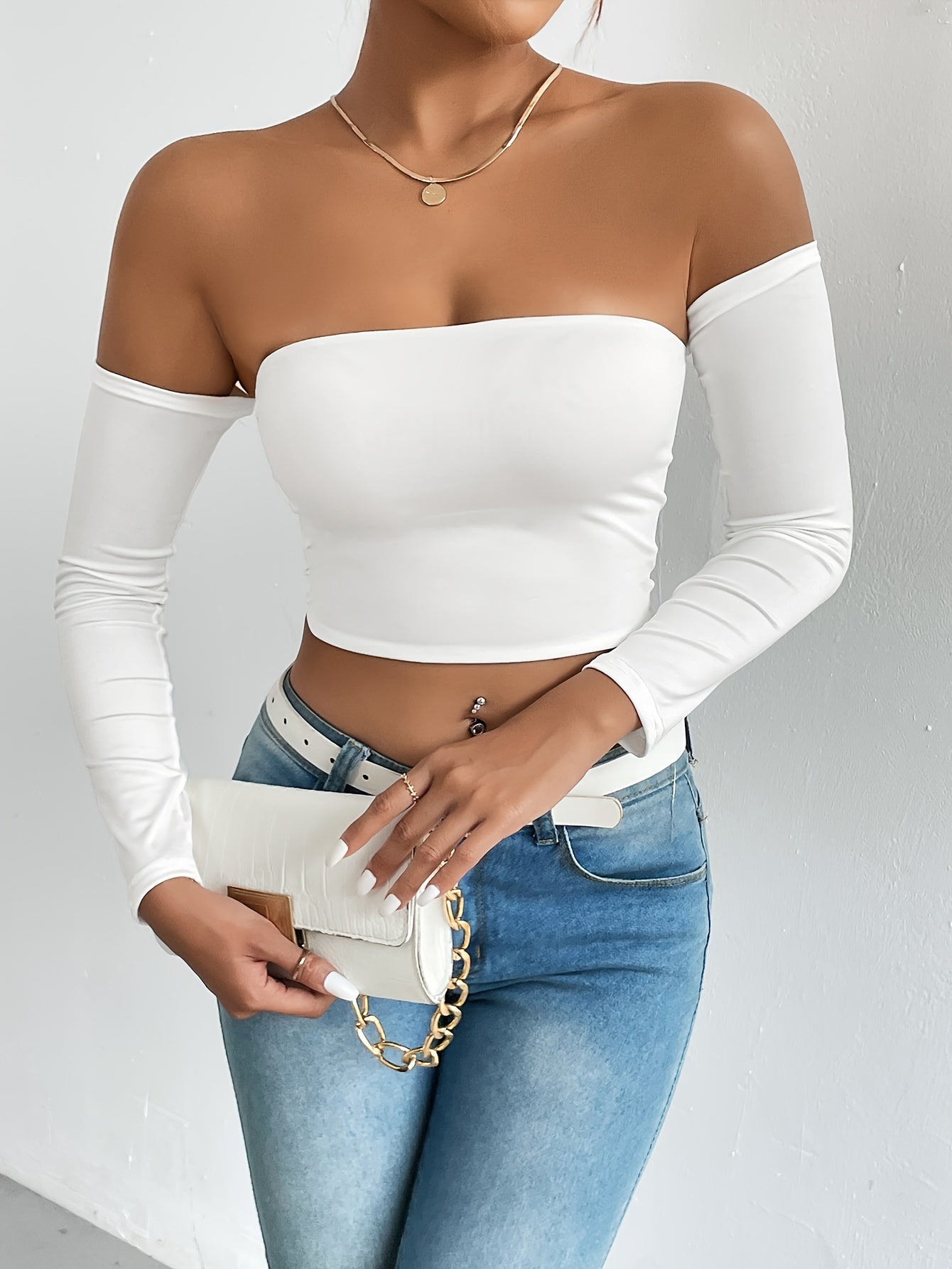 Solid Color Off-shoulder Crop Top, Sexy Long Sleeve Slim Top, Women's Clothing