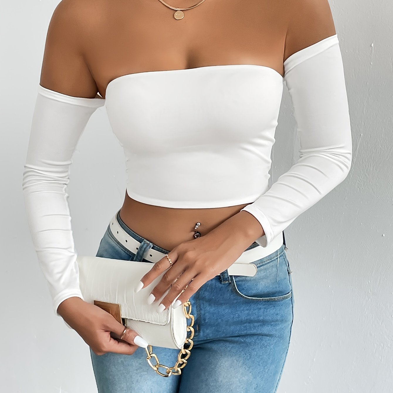 Solid Color Off-shoulder Crop Top, Sexy Long Sleeve Slim Top, Women's Clothing