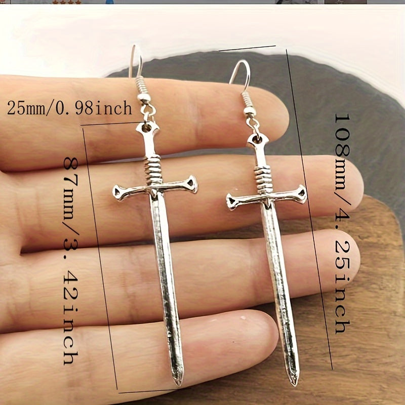 Dark Punk Vintage Silvery Cross Sword Dangle Earrings Long Gothic Medieval Exaggerated Dagger Cool Fashion Women Mystical Jewelry Gifts