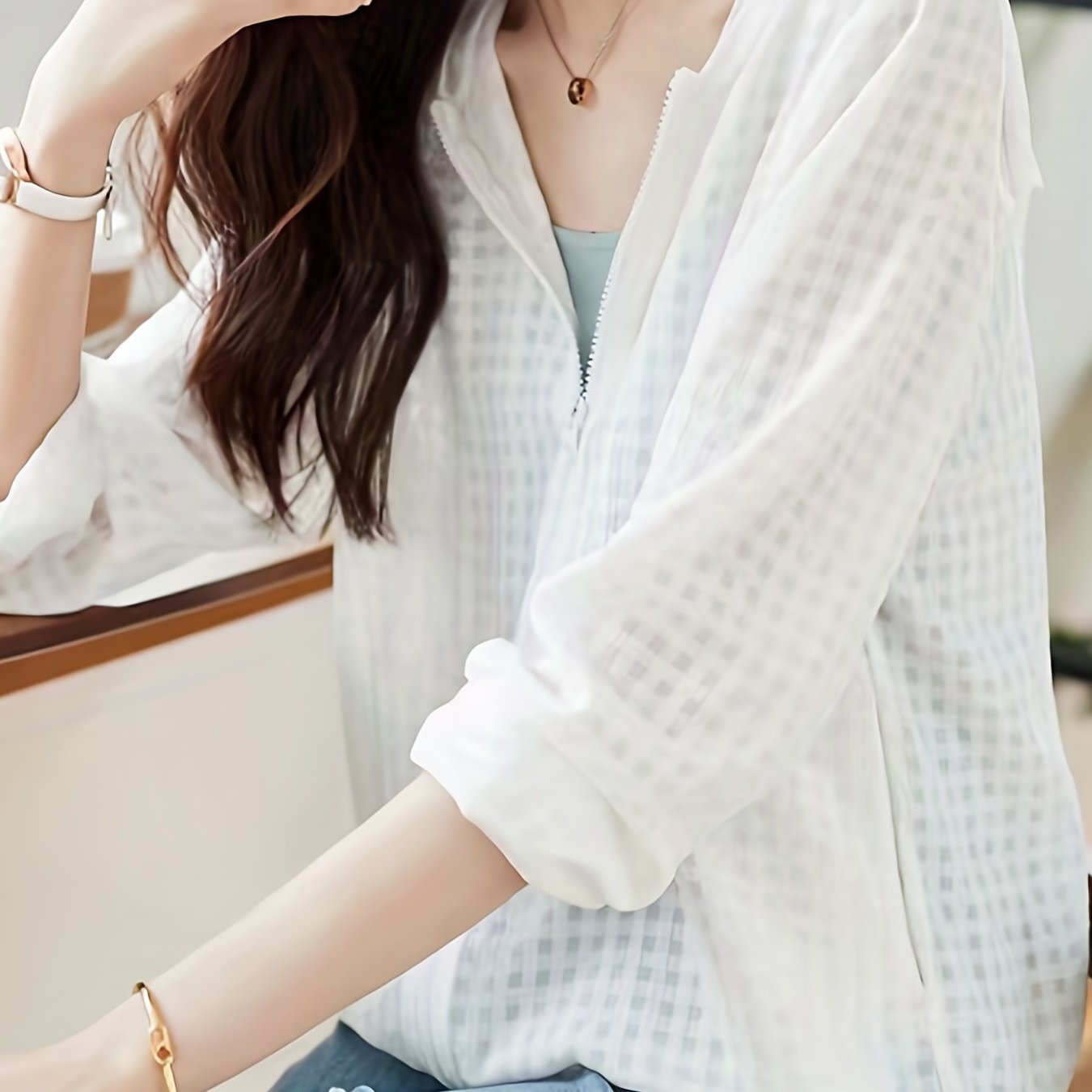 Lightweight Casual Summer Jacket for Women - Easy-Care Polyester, Stylish Solid Color Zip Coat