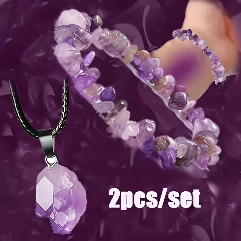 Healing Crystal Amethyst Necklace and Bracelet Set - Natural Gemstone Energy Jewelry for Men and Women - Perfect Gift for Couples - 2pcs/Set