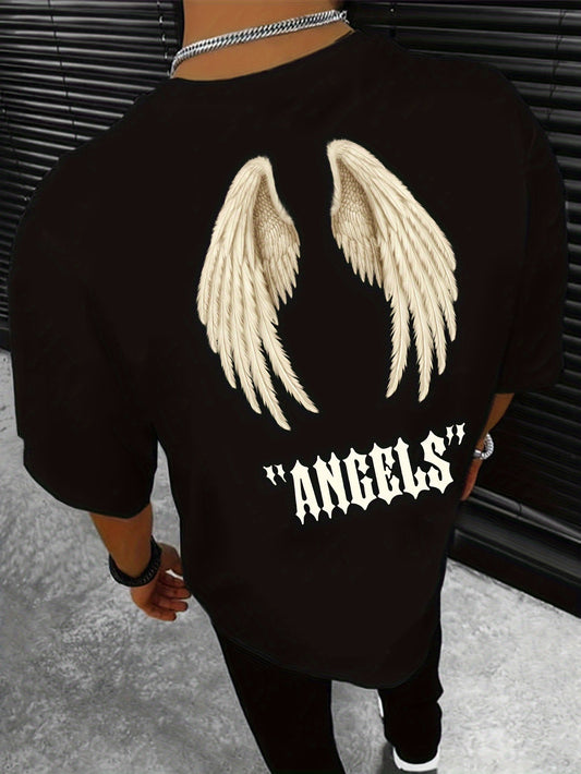 Mens Angel Wings Graphic Tee - Fashionable Casual Wear - Comfortable Solid Color Stretch Tee for Spring Summer - Lightweight Round Neck Design for Daily Style