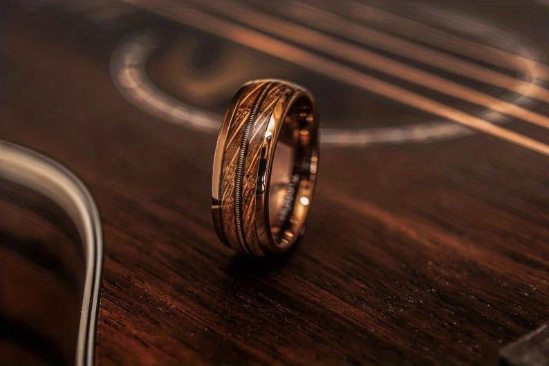1pc Men's Fashion Guitar String & Whiskey Barrel Shaped Mens Wedding Rose Golden Band, Engagement Anniversary Gift, Titanium Steel Promise Ring For Husband Gift