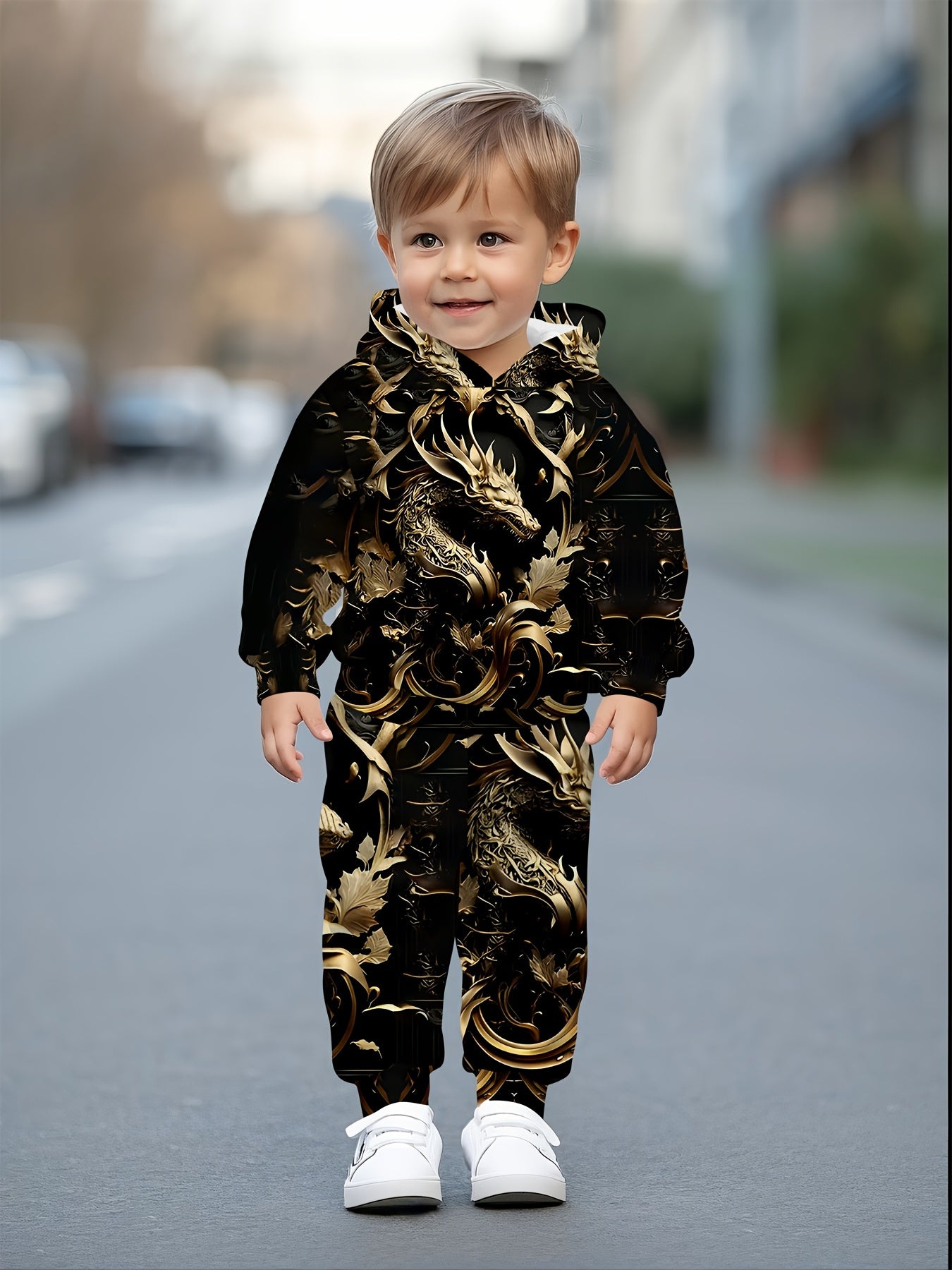 Boy and girl baby onesies with hood, featuring a fashionable Golden dragon pattern, suitable for outdoor activities and casual wear in spring and autumn, providing a comfortable outfit for children., Perfect for Outdoor