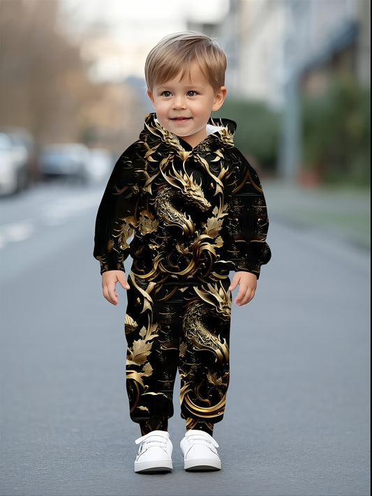 Boy and girl baby onesies with hood, featuring a fashionable Golden dragon pattern, suitable for outdoor activities and casual wear in spring and autumn, providing a comfortable outfit for children., Perfect for Outdoor