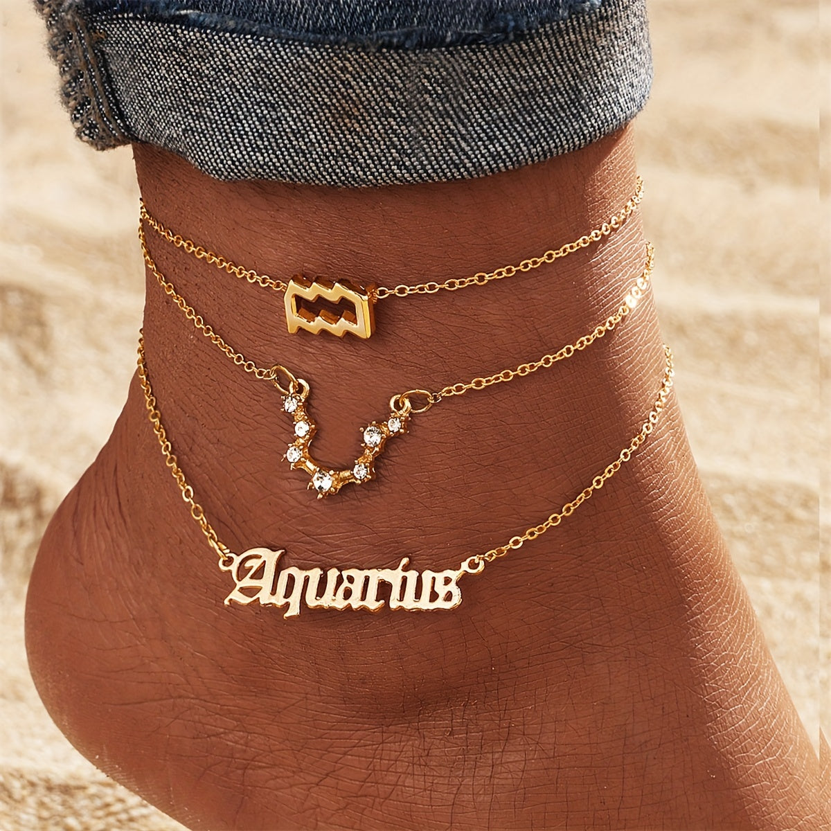 3pcs Set, Women'S Fashion Ankle Bracelets, Zodiac Sign Charm, Alloy with Synthetic Gemstones, Simple Style, All-Season Wear, Jewelry Accessories for Ladies