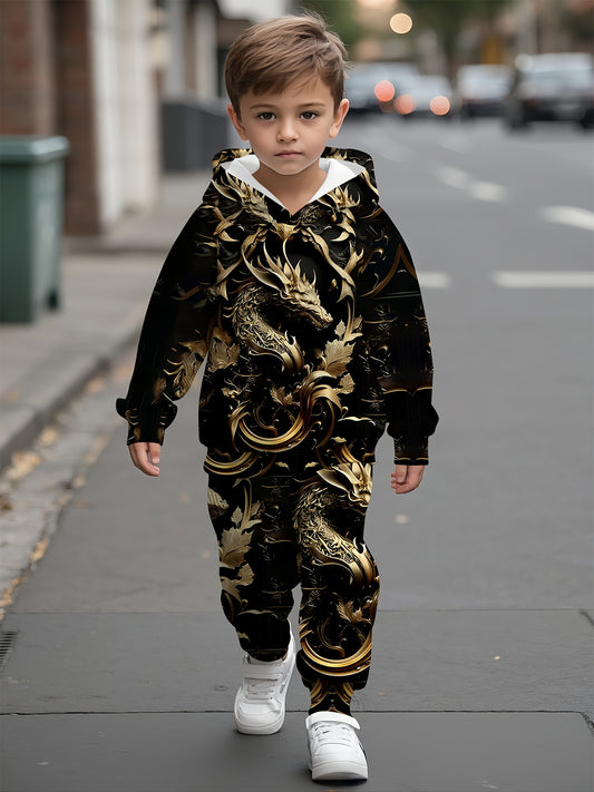 Boy and girl baby onesies with hood, featuring a fashionable Golden dragon pattern, suitable for outdoor activities and casual wear in spring and autumn, providing a comfortable outfit for children., Perfect for Outdoor
