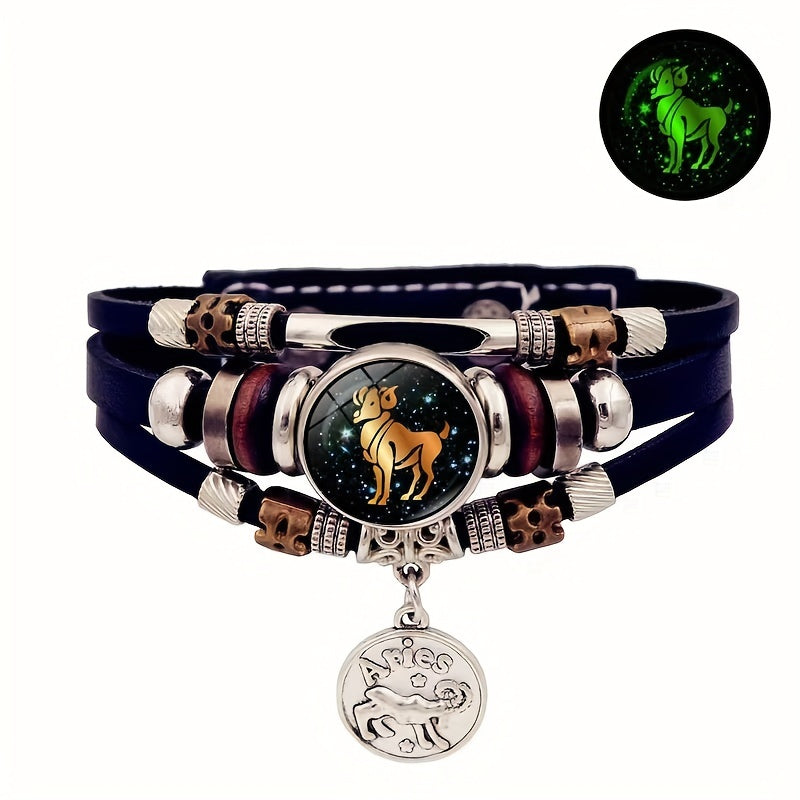 1pc 12 Zodiac Luminous Leather Bracelet Men Women Handmade Multilayer Beaded Bracelet Creative Hand Jewelry Bracelet Party Birthday Favors