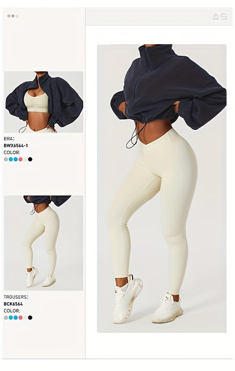 Chic Zip-Up Fleece Crop Jacket for Women - Stretch Comfort, Warm High Neck, Long Sleeve, Perfect for Sporty Outdoor Fall/Winter Activities