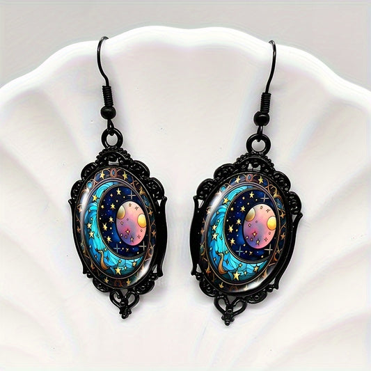 Boho Alloy Drop Earrings with Celestial Sun, Moon, and Stars Design, Black Lace Frame, Glass Cabochon Inlay, Hook Back, Antique Style Dangle Ear Jewelry for Women - 1 Pair