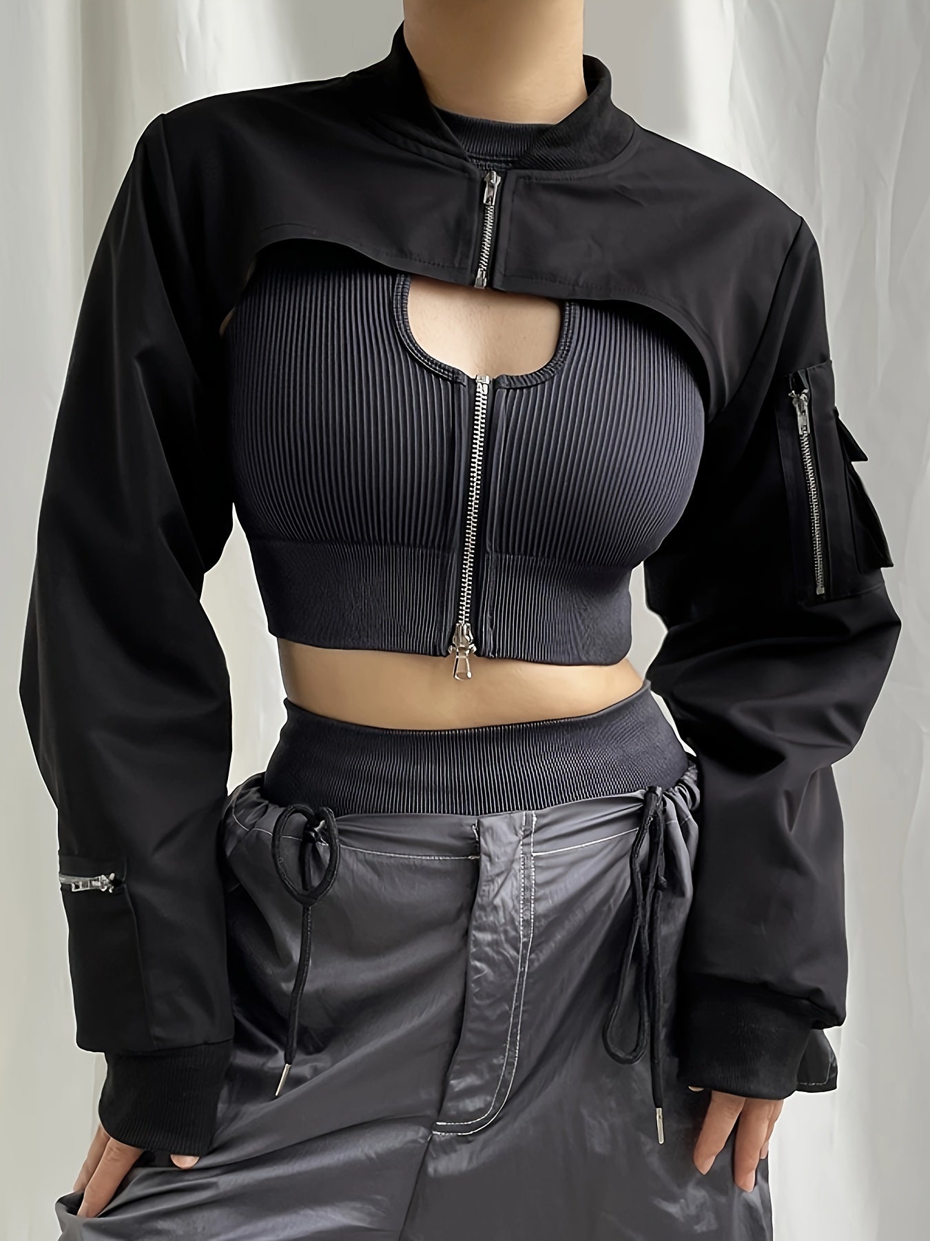 Women's Casual Bomber Jacket with Pockets - Versatile Spring/Fall Wear, Zip-Up Long Sleeve, Machine-Washable Polyester Blend