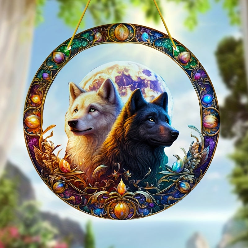 Mystic Wolf Suncatcher with Yin Yang Design, Acrylic Sun Catcher, Birthday Gift for Dad, Home, Lover & Friends, Wolf Themed Moon Decor, Perfect for Room, Bedroom, Living Room, Outdoor Garden - 8 Inches