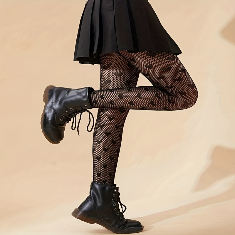 Sexy Heart Print Fishnet Tights, Hollow Out High Waist Mesh Pantyhose, Women's Stockings & Hosiery